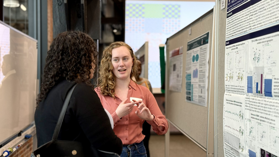 Poster presenter talking to attendee.