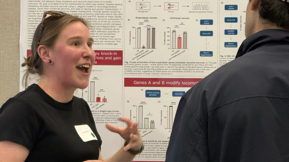 Poster presenter talking to attendee. 